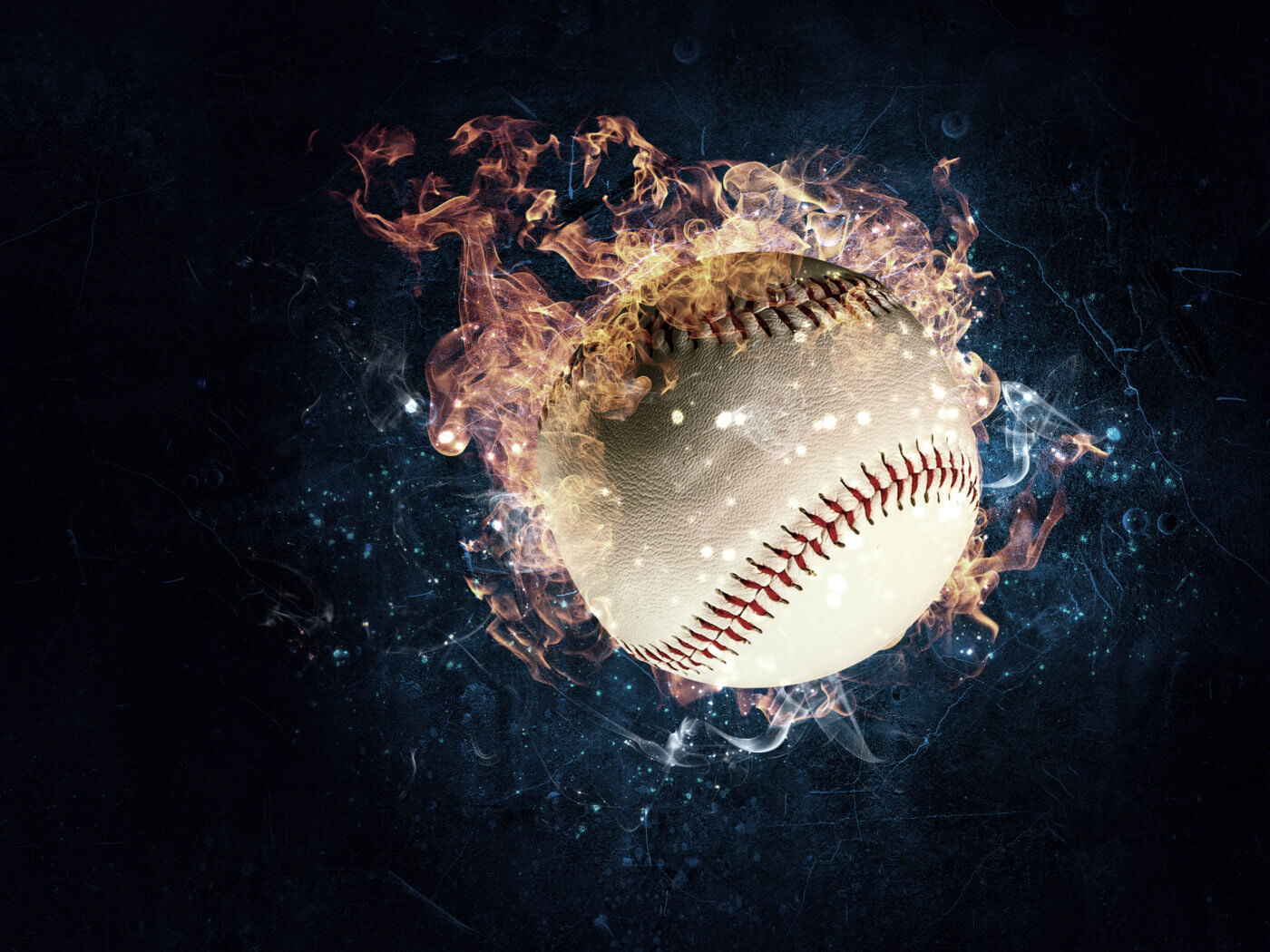 Baseball game concept with ball in fire flames. Mixed media