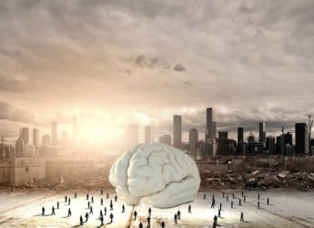Huge human brain and many little businesspeople around